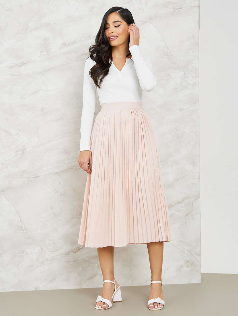 women solid high rise pleated skirt - 22220007 -  Standard Image - 2