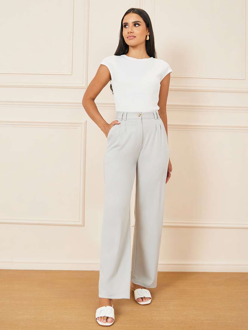 women solid high rise straight trouser - 22220009 -  Standard Image - 2