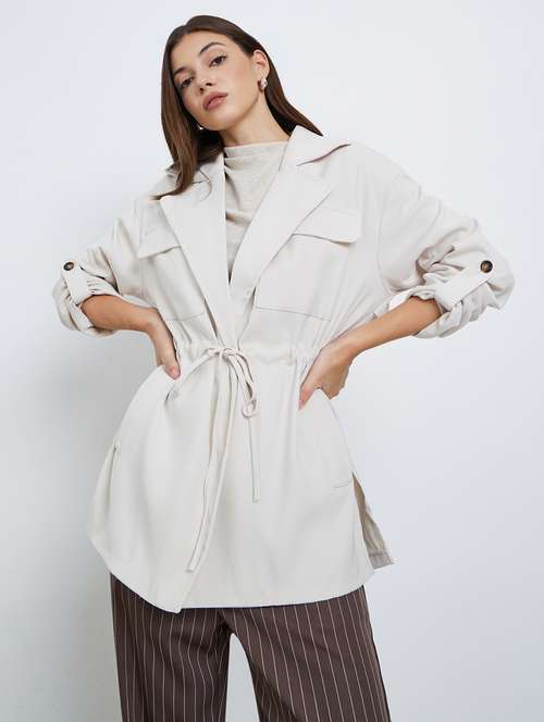 women solid lapel neck long sleeve oversized jacket - 22220017 -  Standard Image - 0