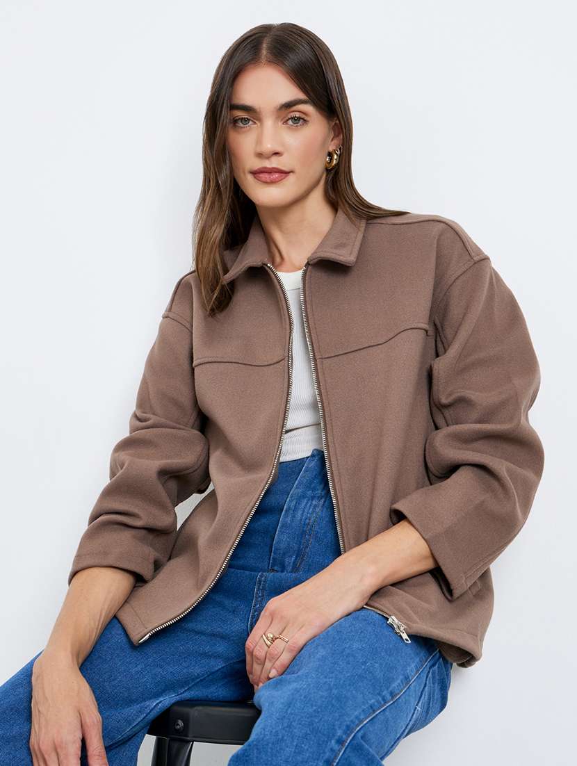 women solid collared long sleeve oversized jacket