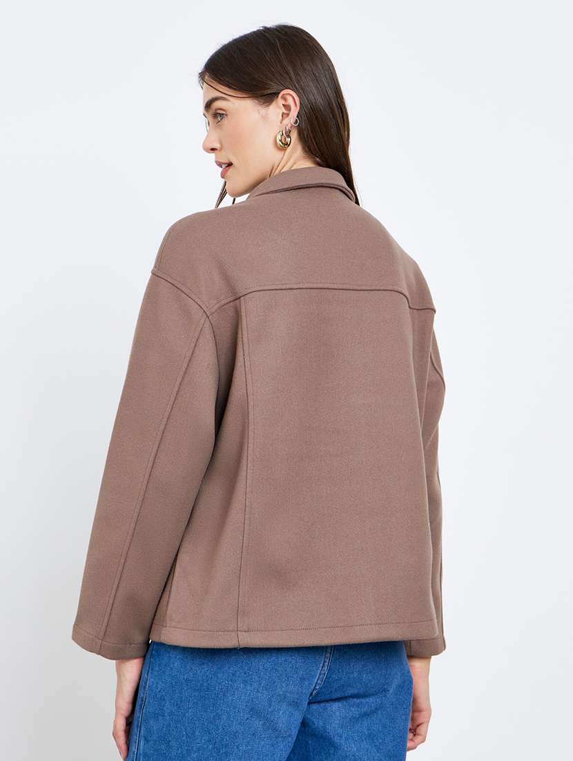 women solid collared long sleeve oversized jacket - 22220021 -  Standard Image - 2