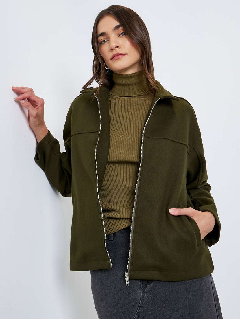 women solid collared long sleeve oversized jacket