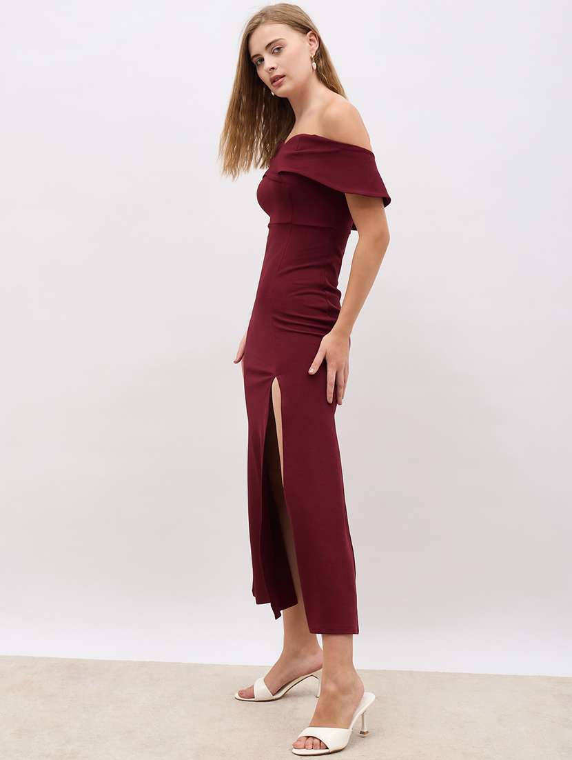 women solid off shoulder sheath dress - 22220023 -  Standard Image - 2