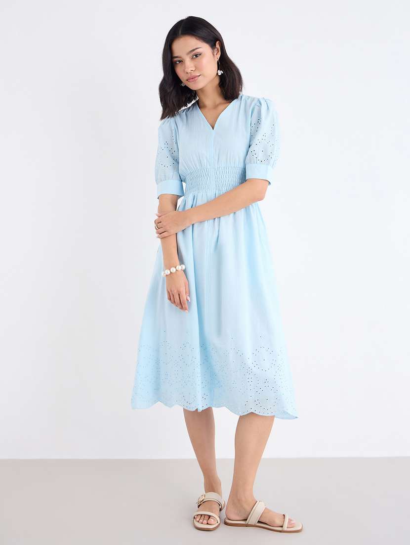 women solid puff sleeve schiffli a-line dress
