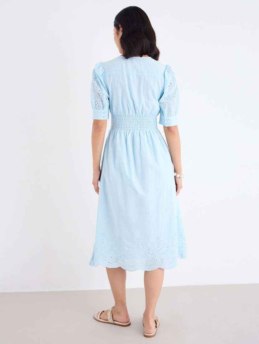 women solid puff sleeve schiffli a-line dress - 22220025 -  Standard Image - 2
