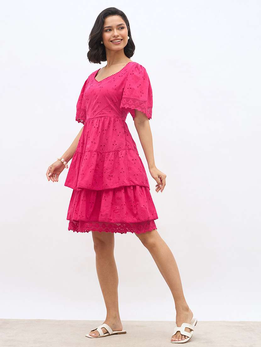 Women Solid Puff Sleeve Schiffli Tiered Dress - 22220027 -  Standard Image - 2