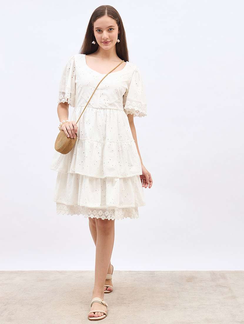 women solid puff sleeve schiffli tiered dress