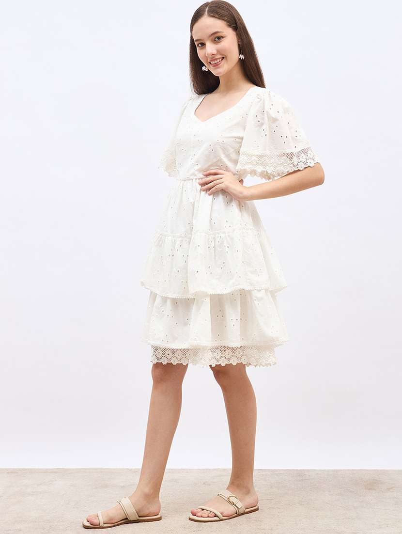 women solid puff sleeve schiffli tiered dress - 22220028 -  Standard Image - 2