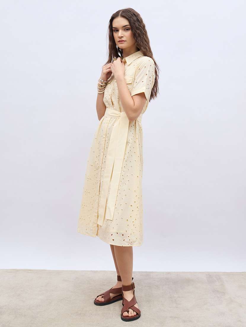 women solid collared short sleeve schiffli shirt dress - 22220029 -  Standard Image - 2