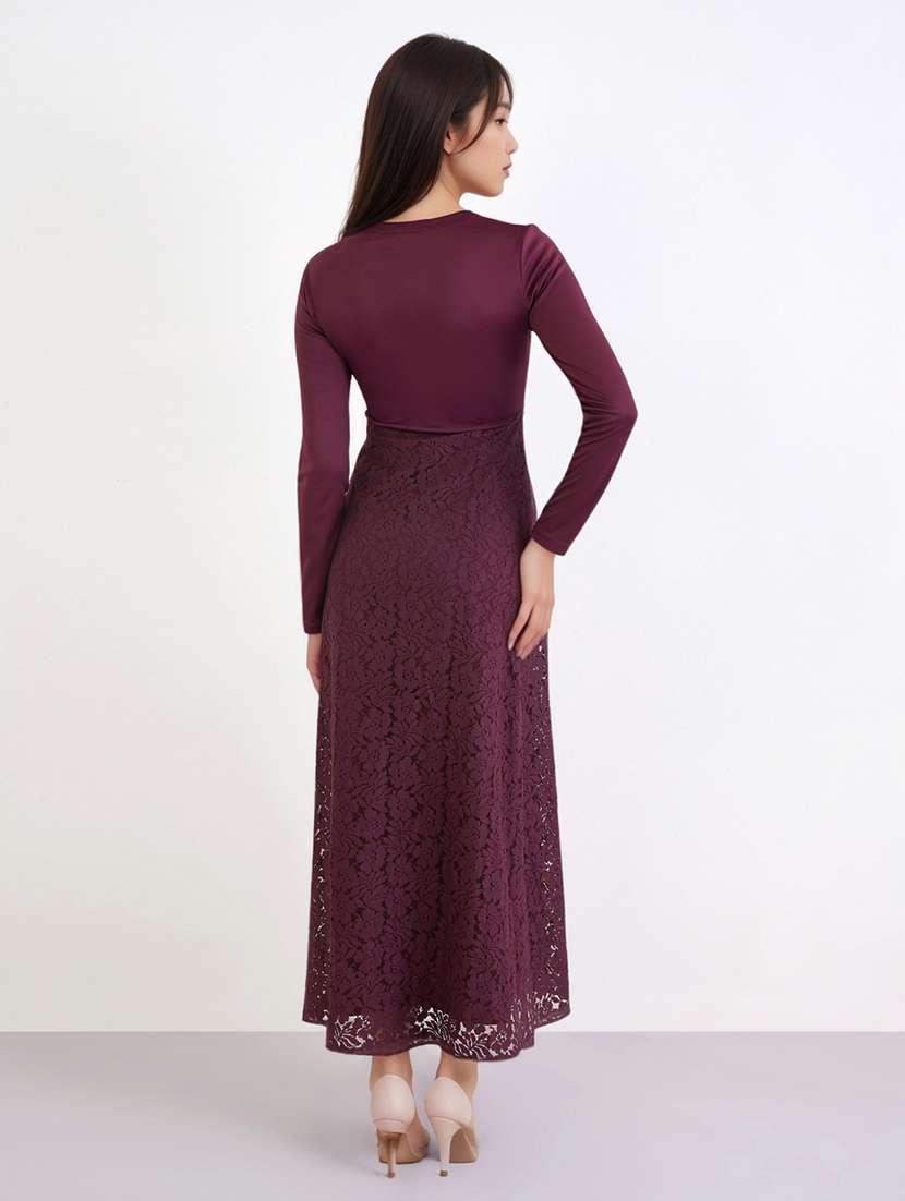 women solid long sleeve lace a-line dress - 22220037 -  Standard Image - 2