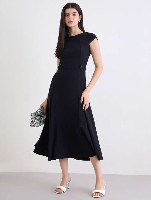 women black solid cap sleeve fit and flare dress - 22220039 -  Standard Image - 0