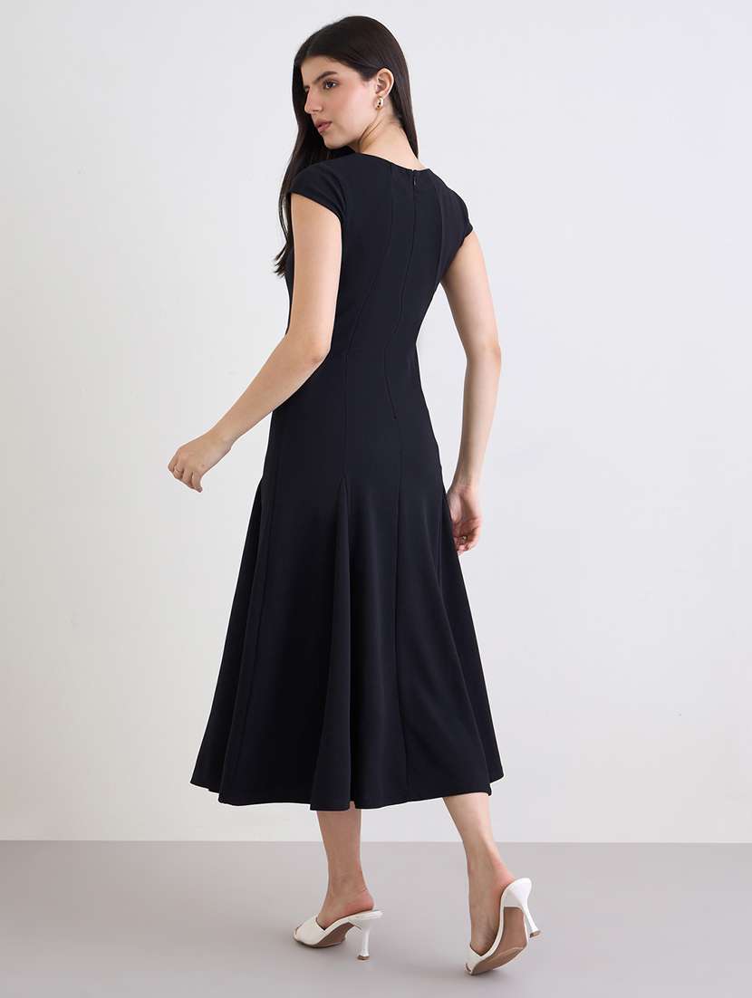 women black solid cap sleeve fit and flare dress - 22220039 -  Standard Image - 2