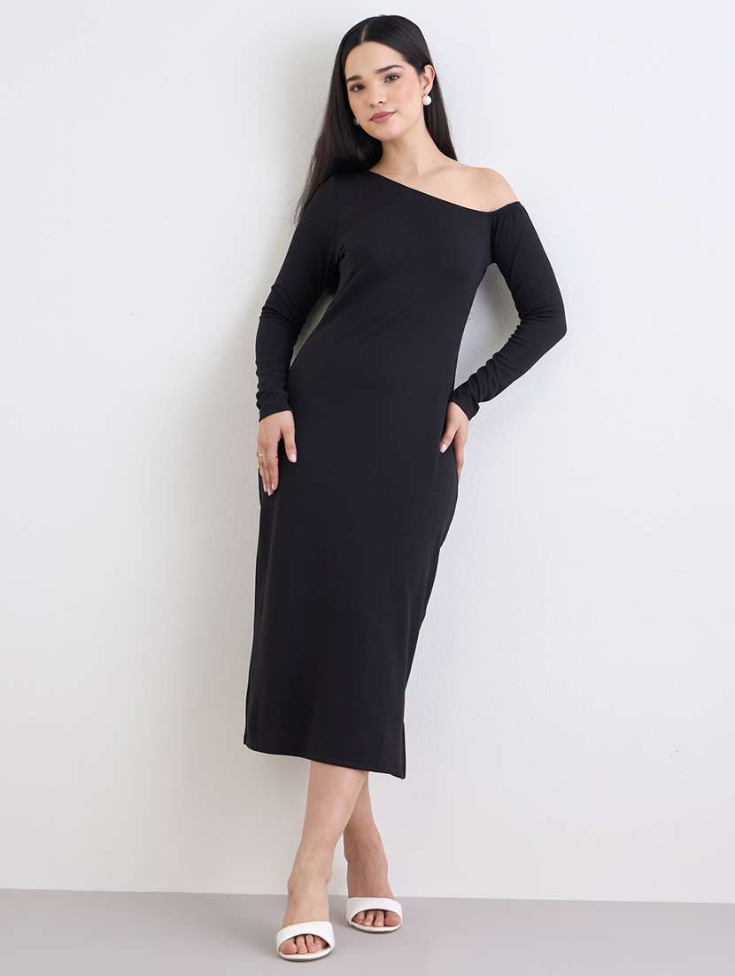 women solid long sleeve sheath dress