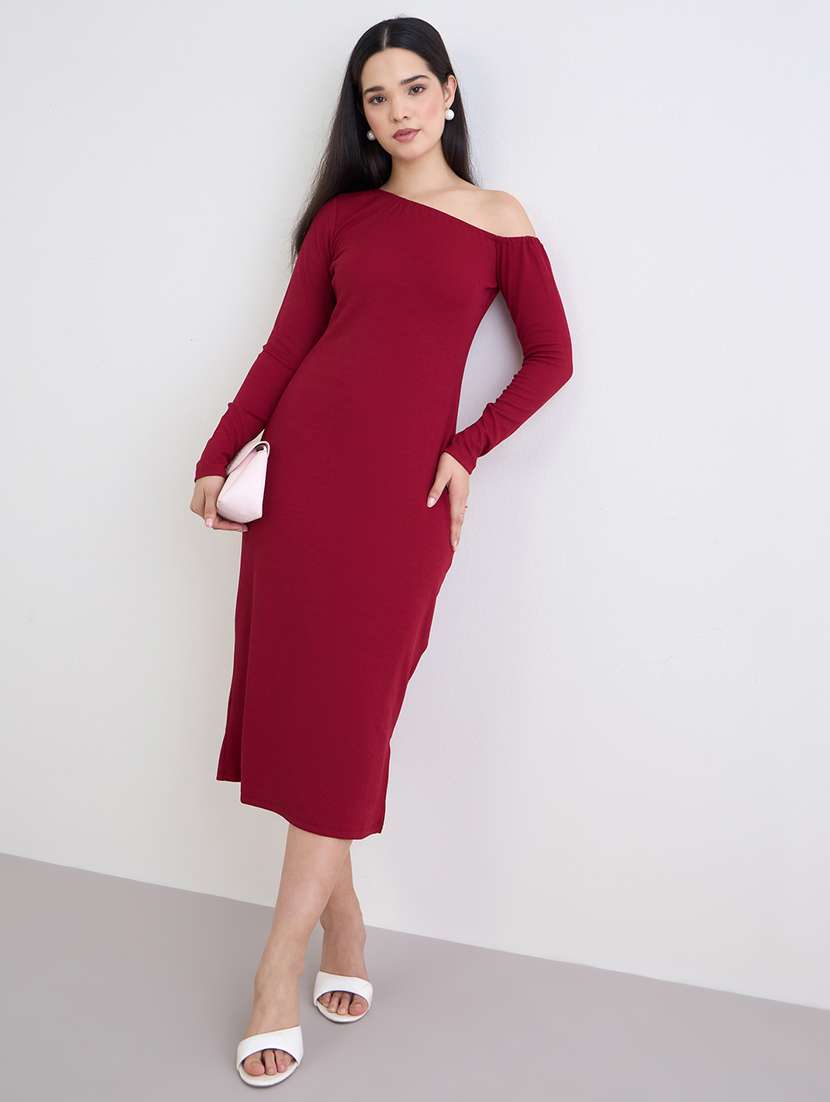 women solid long sleeve sheath dress