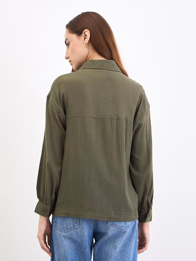 women solid collared long sleeve oversized shirt - 22220048 -  Standard Image - 2