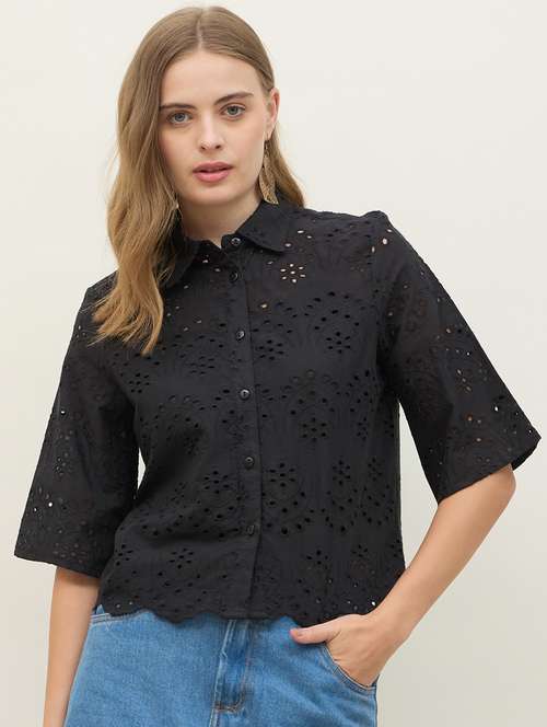 women self designed collared crop schiffli shirt - 22220050 -  Standard Image - 0