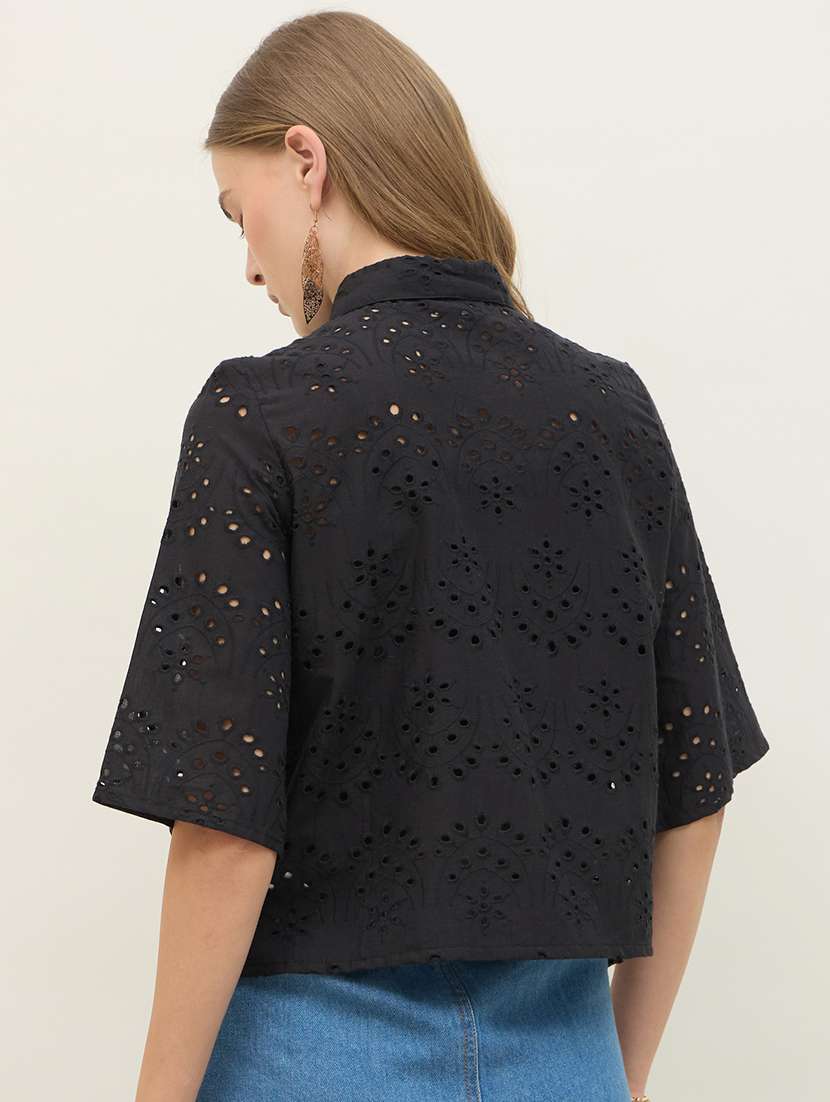 women self designed collared crop schiffli shirt - 22220050 -  Standard Image - 2