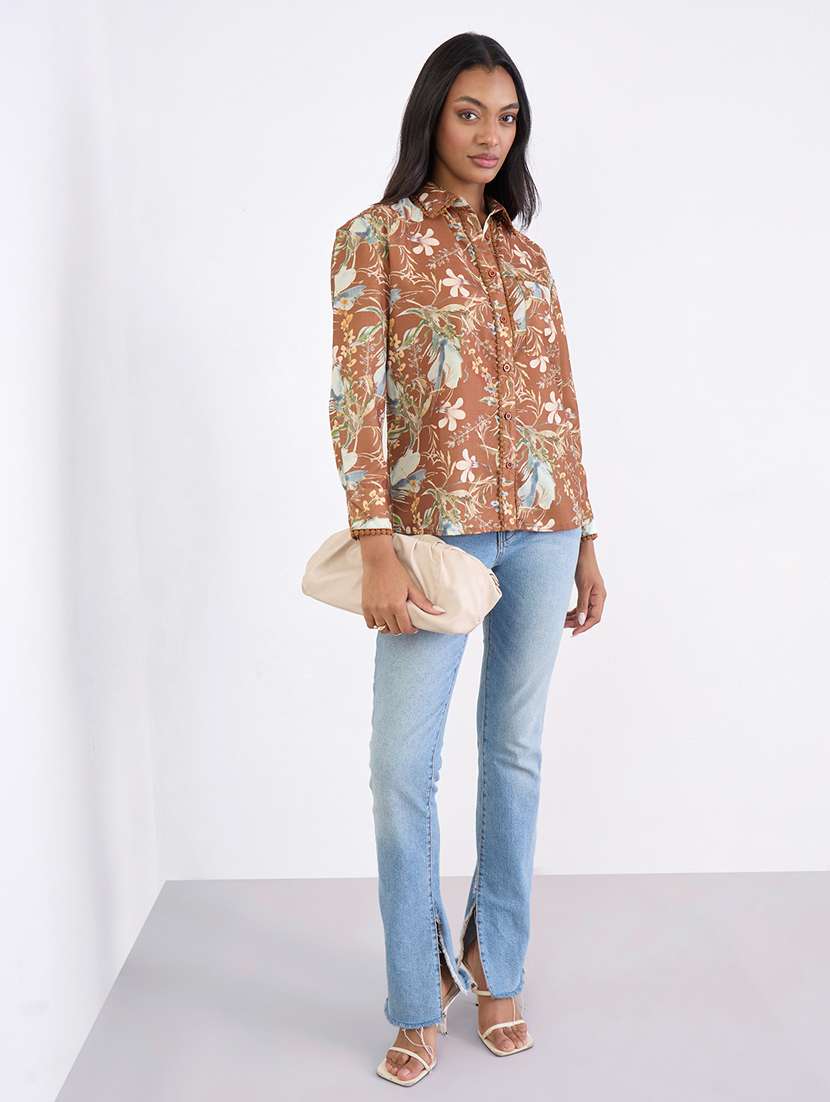 women floral print collared long sleeve shirt - 22220051 -  Standard Image - 2