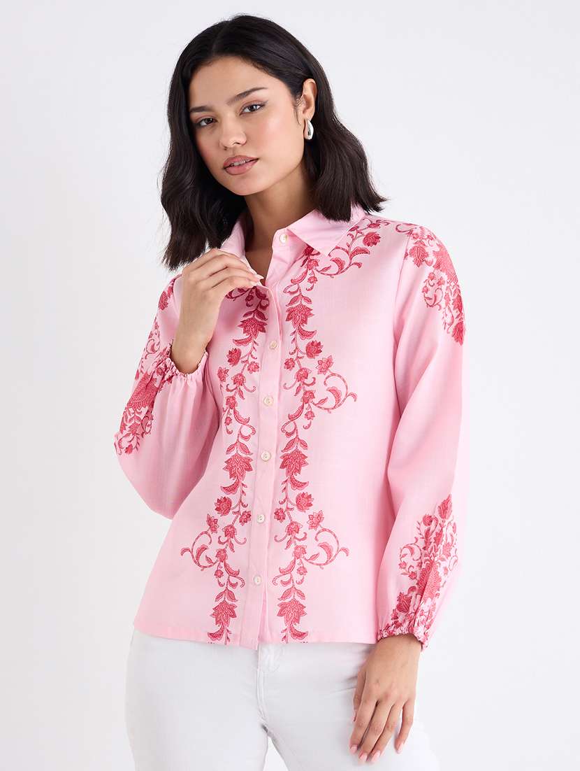 women pink printed collared long sleeve shirt