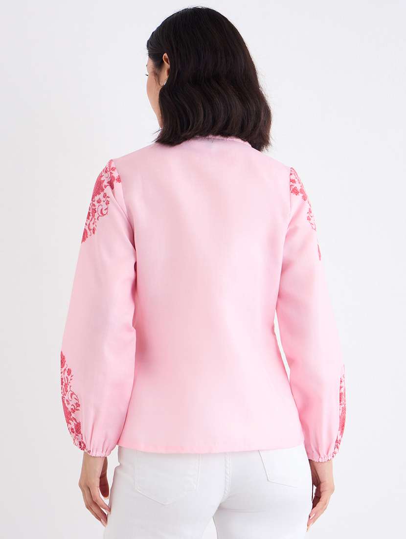 women pink printed collared long sleeve shirt - 22220054 -  Standard Image - 2