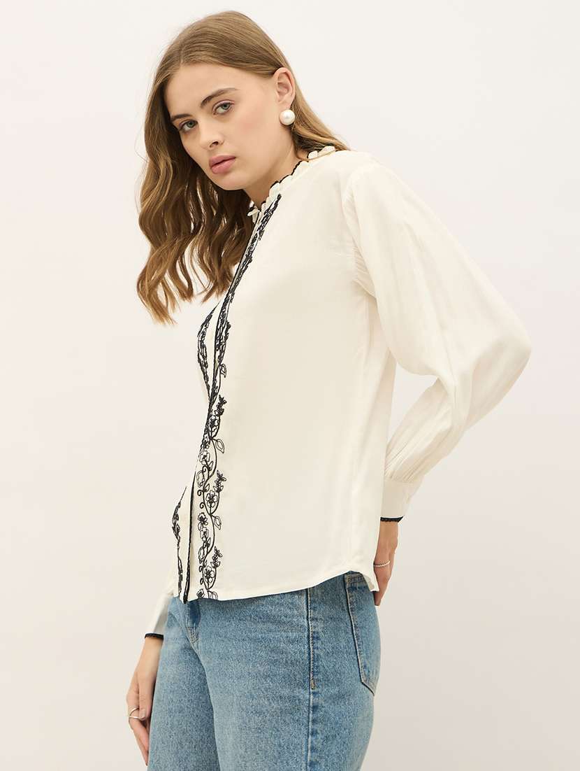 women embroidered mandarin neck puff sleeve shirt - 22220055 -  Standard Image - 2