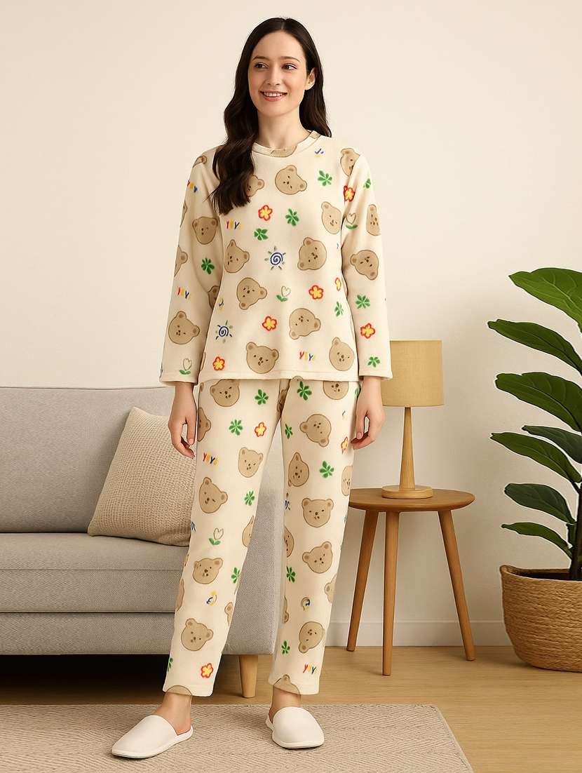 printed fleece round neck pyjama set beige