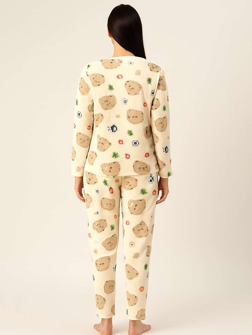 printed fleece round neck pyjama set beige - 22220078 -  Standard Image - 2