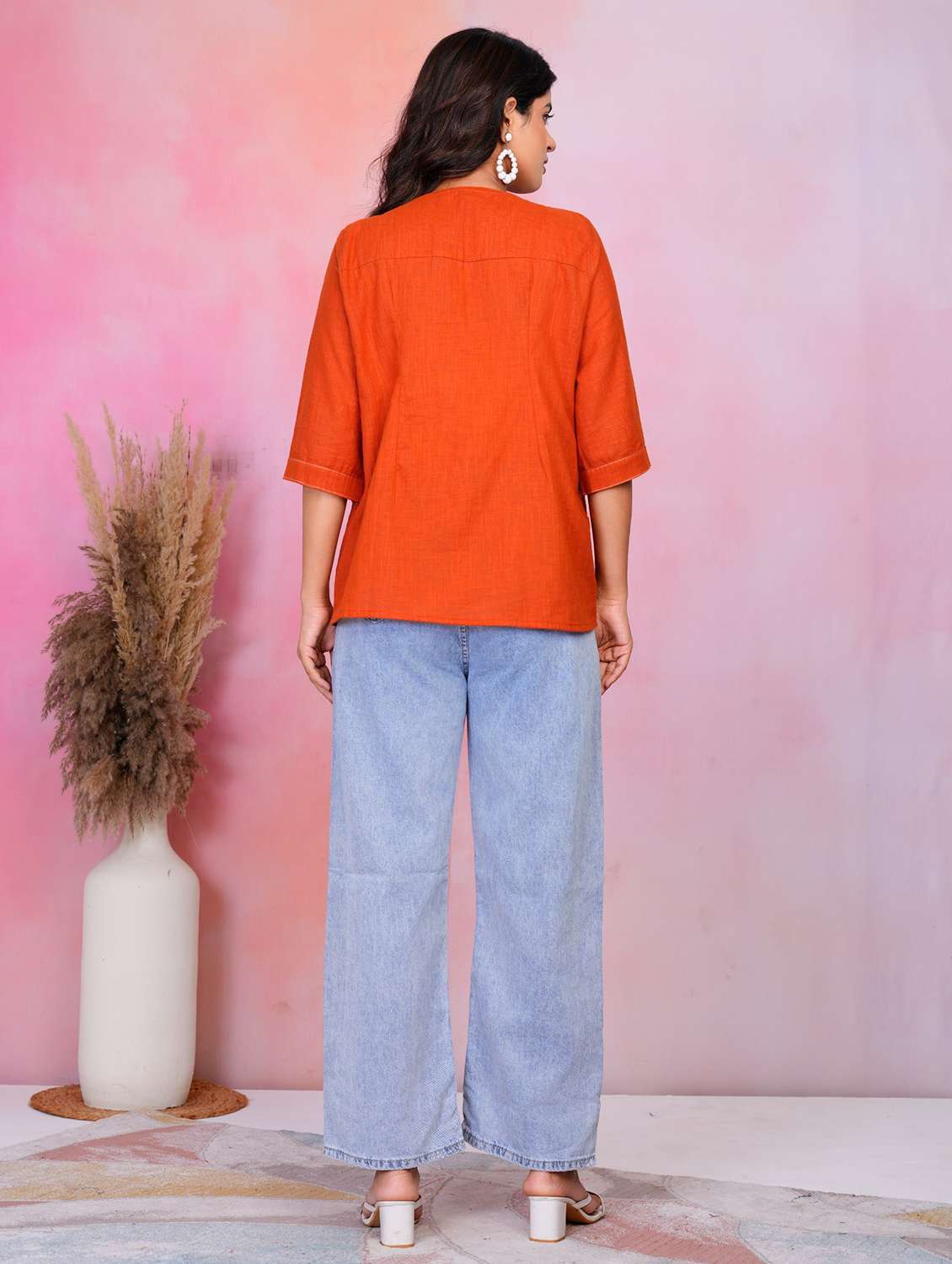 women solid three quarter sleeve a-line tunic - 22220082 -  Standard Image - 2