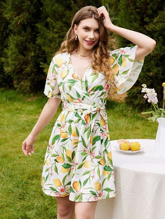 women floral print flared sleeve a-line dress