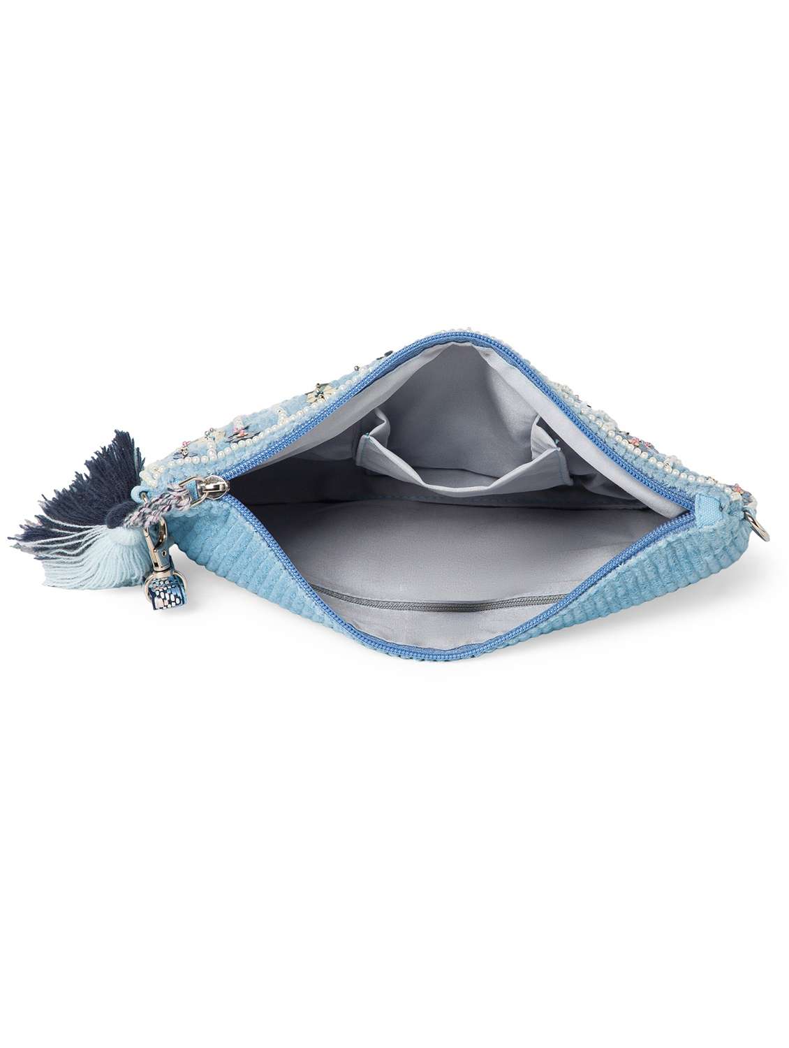 embroidered blue embellished clutch with tassels - 22220089 -  Standard Image - 2