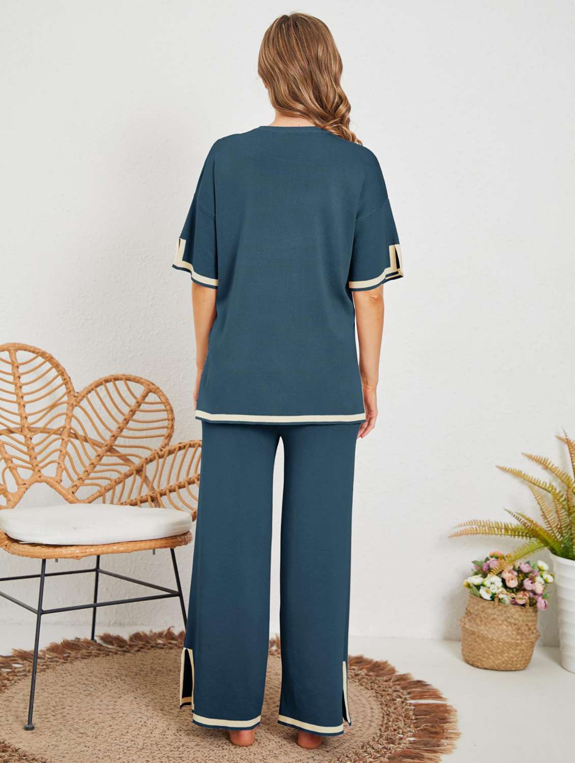 women solid top and trouser co-ord set - 22220113 -  Standard Image - 2