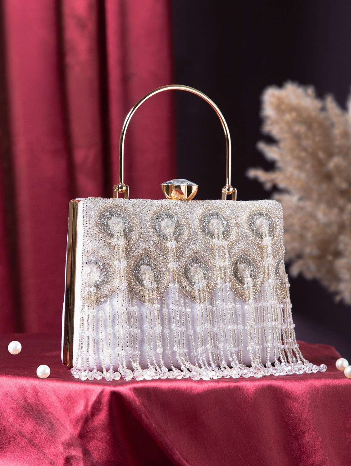 white embellished velvet party box clutch