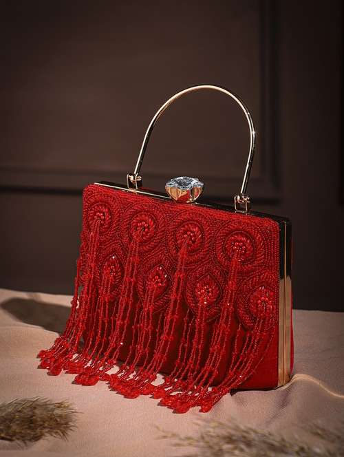 red embellished velvet box clutch with handle - 22220130 -  Standard Image - 0