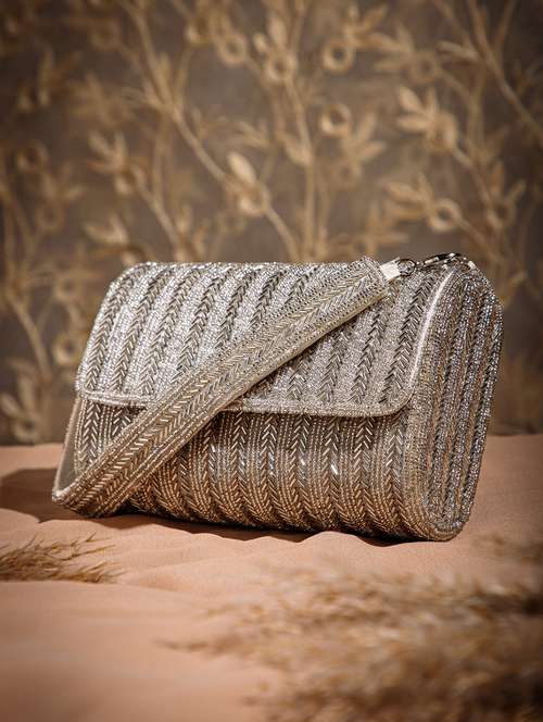 women silver embellished fold over clutch - 22220132 -  Standard Image - 0