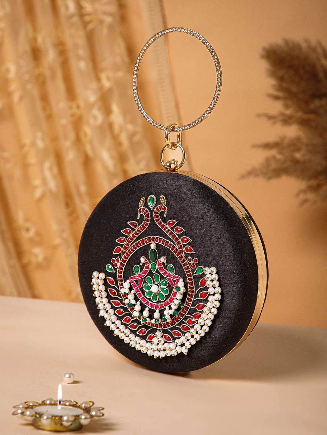 women embellished black faux silk party clutch