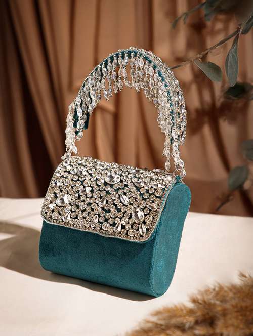 women teal embellished suede clutch  - 22220138 -  Standard Image - 0