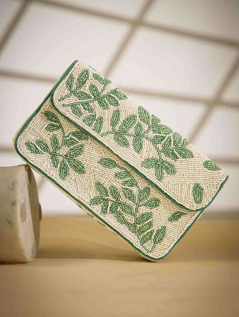 women green embellished fold over clutch 
