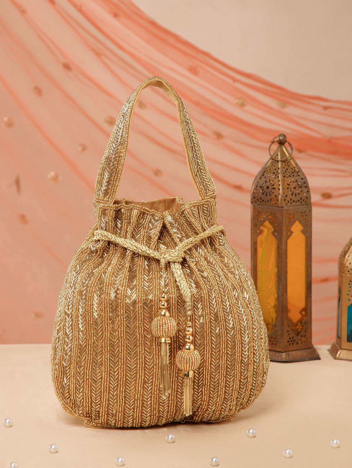 gold embroidery faux silk potli bag