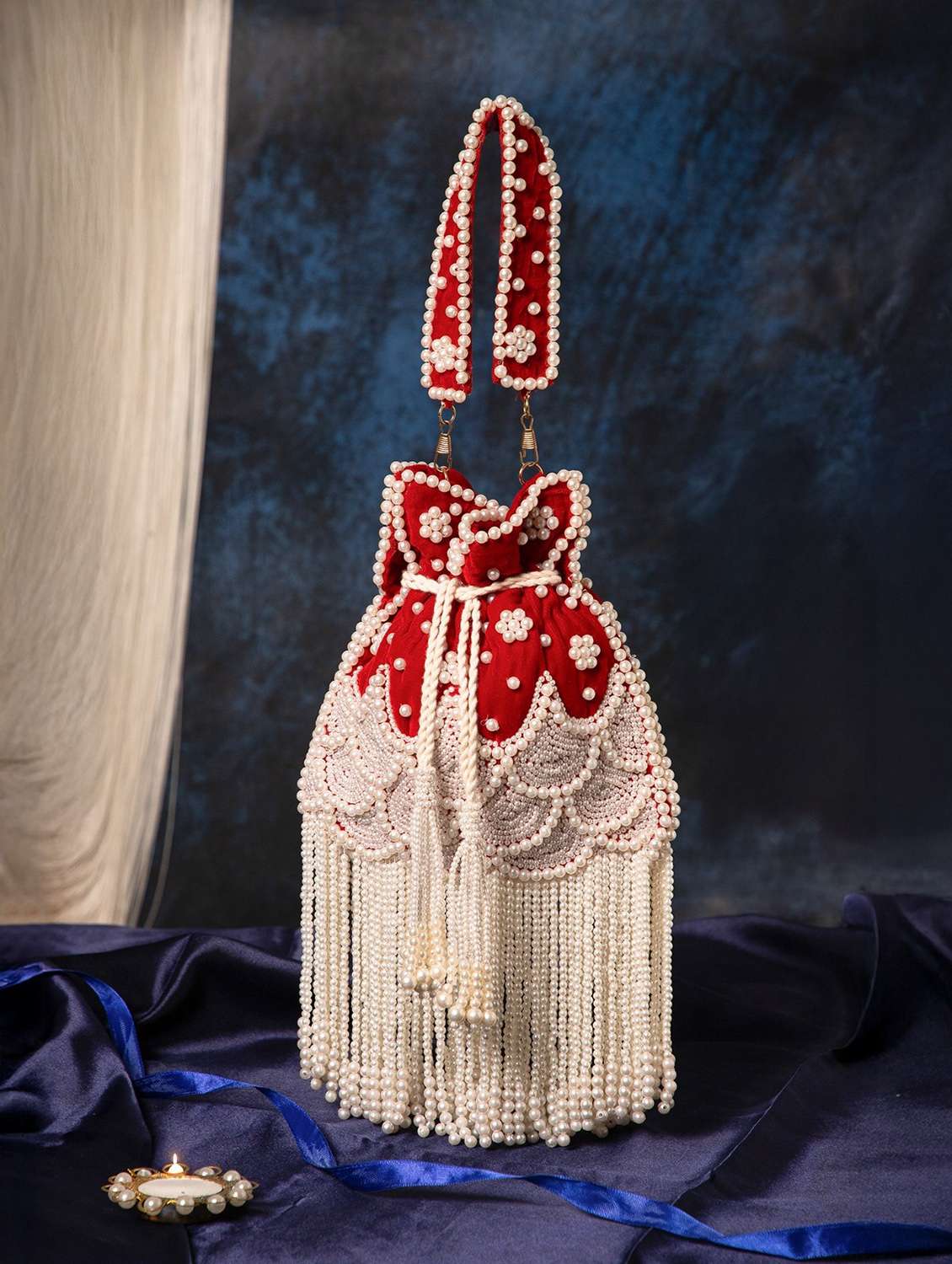 red velvet embroidery floral potli bag