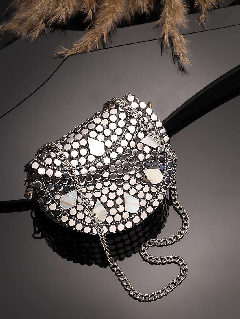 embellished silver metal clutch with chain strap