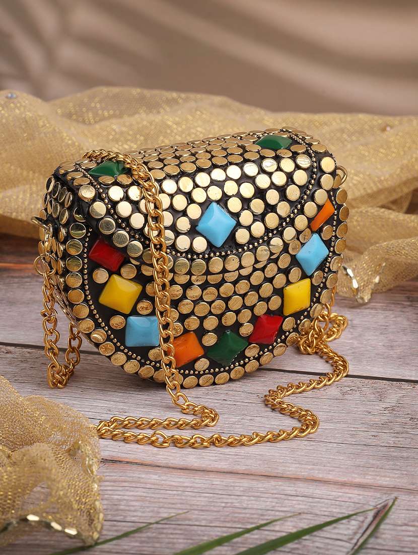 embellished gold metal box clutch