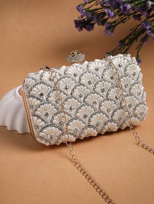 off white embellished clutch with detachable strap - 22220155 -  Standard Image - 0