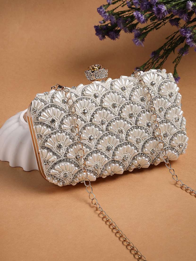 off white embellished clutch with detachable strap