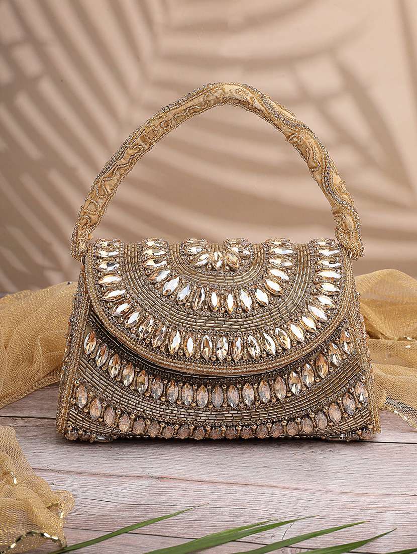 gold embellished party clutch with bead work