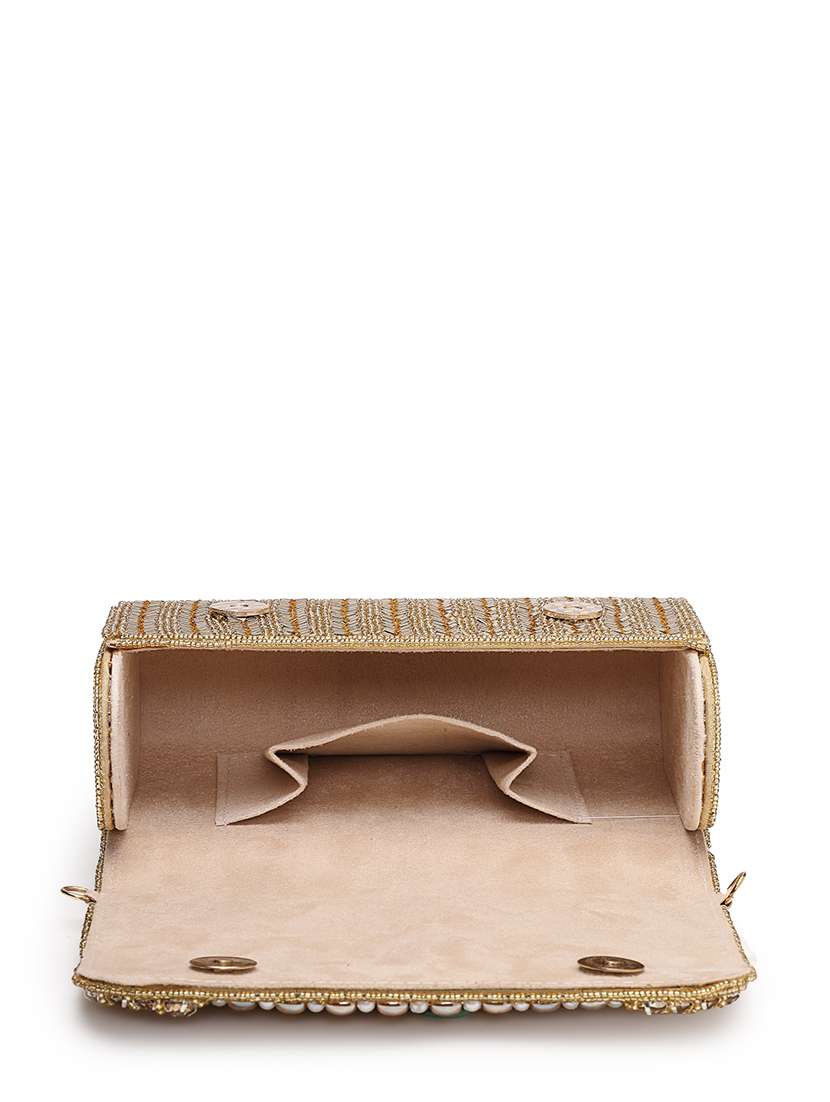 gold faux silk embroidered fold over clutch - 22220159 -  Standard Image - 2