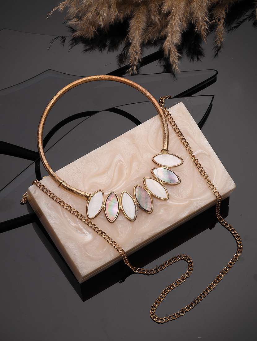 embellished cream box clutch with chain strap