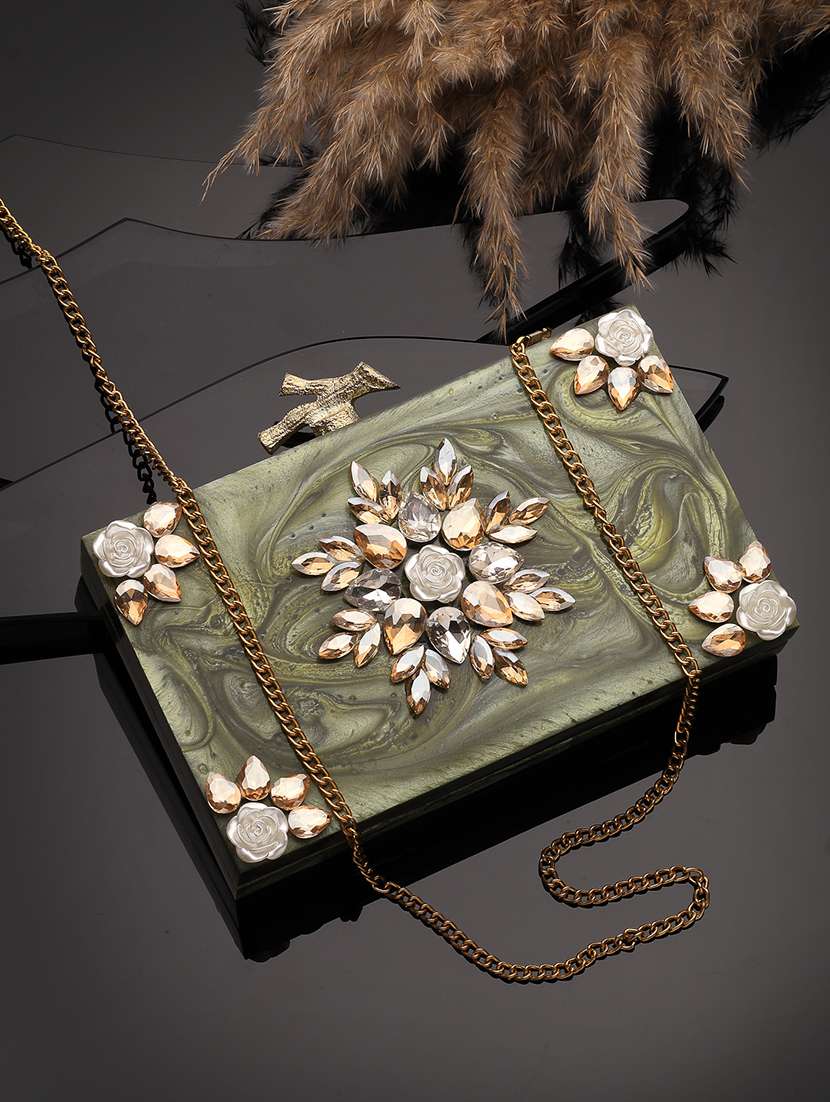  olive embellished party clutch with strap