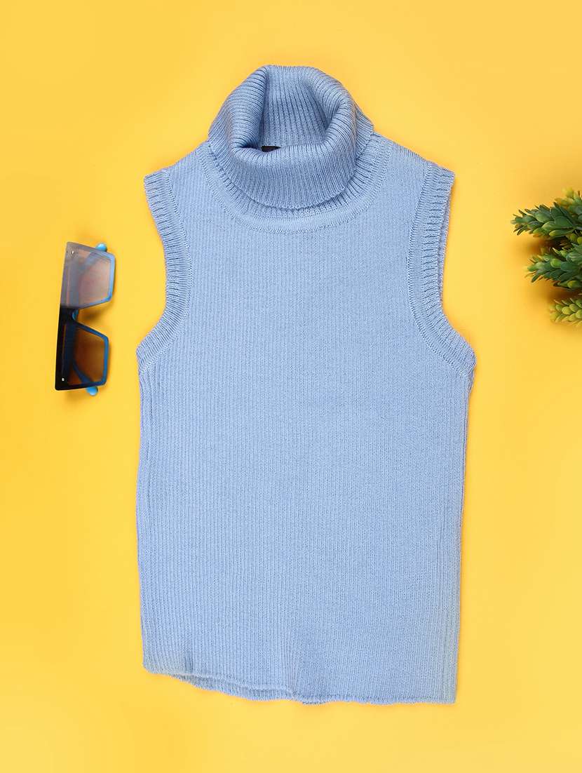 girls solid turtle neck sleeveless sweater