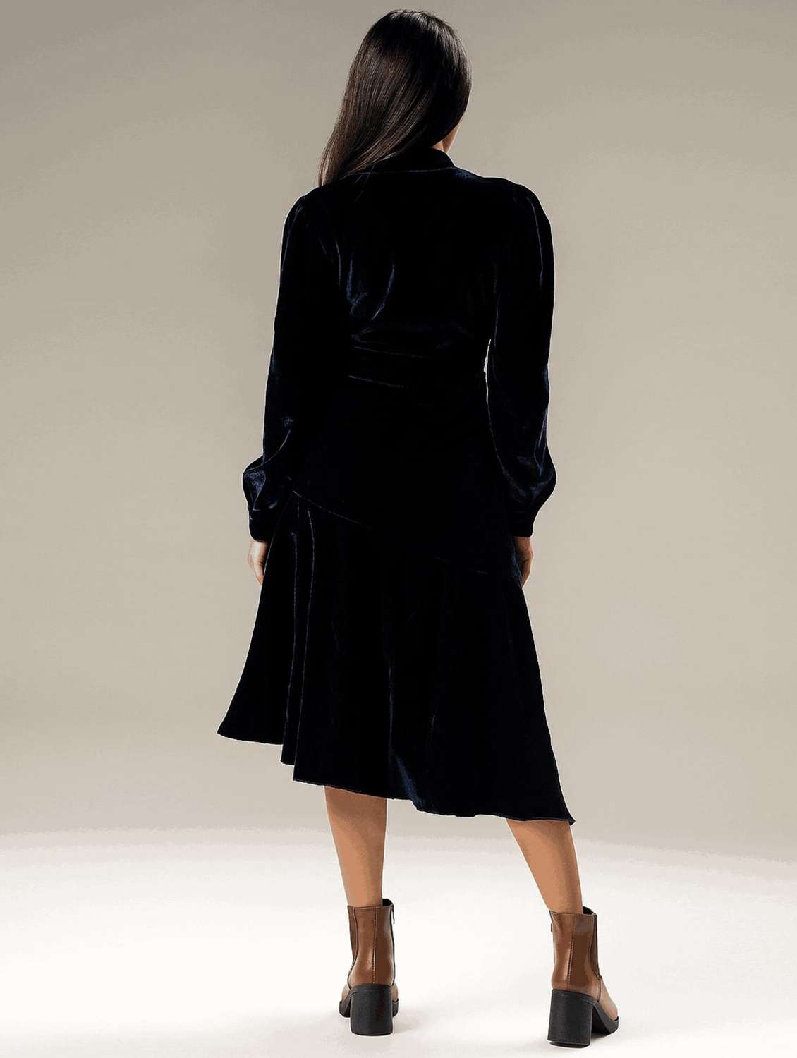 women solid puff sleeve velvet wrap dress - 22220194 -  Standard Image - 2