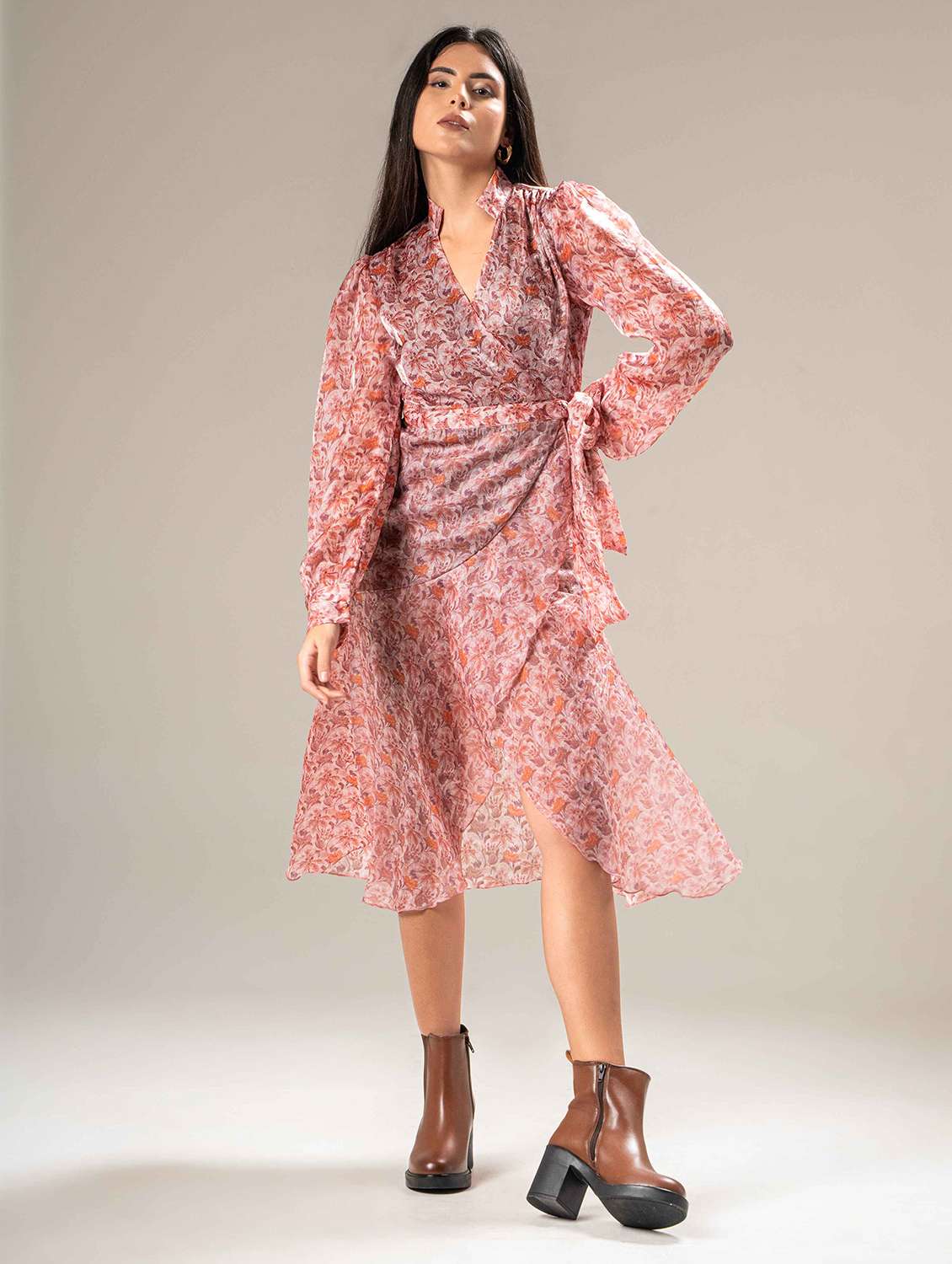 women printed puff sleeve wrap dress - 22220199 -  Standard Image - 2